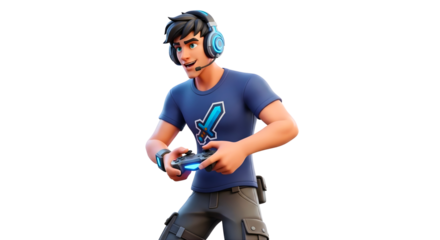 Cartoon Gamer Character with Headset and Controller Playing Video Games in Fun Pose PNG