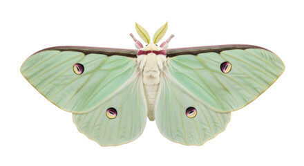 Isolated Luna moth close-up, a large, pale green moth with eyespots on its wings beautiful insect
