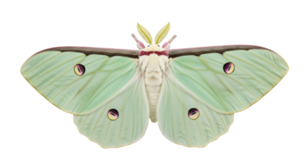 Isolated Luna moth close-up, a large, pale green moth with eyespots on its wings beautiful insect