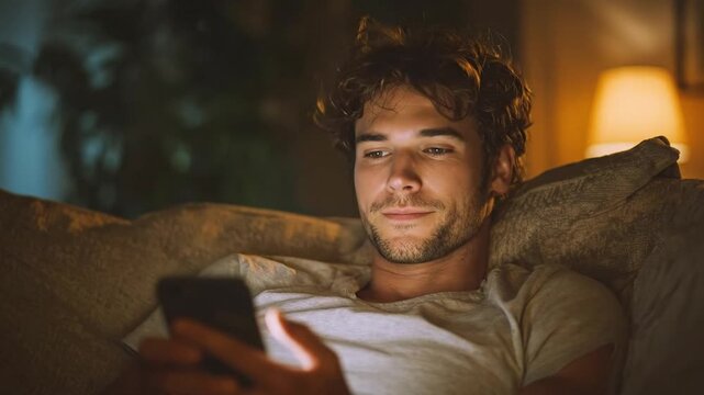 A focused young man is captured in a relaxed pose within a dimly lit, cozy home environment during the evening. The warm glow emanating from his mobile device illuminates his face as he intently inter