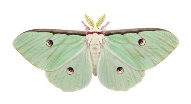Isolated Luna moth close-up, a large, pale green moth with eyespots on its wings beautiful insect