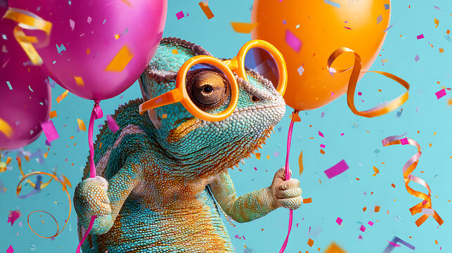 Festive chameleon wearing glasses holding balloons and surrounded by confetti animal reptile