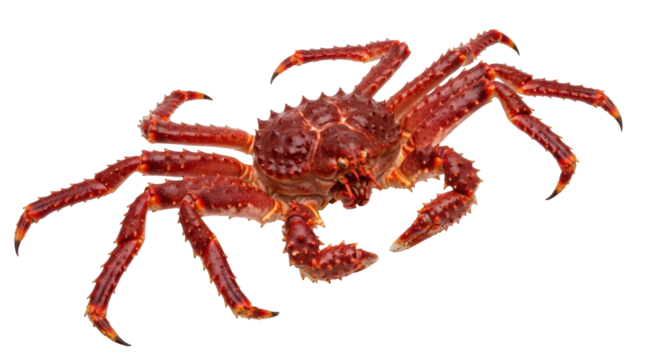 Isolated Alaskan king crab viewed from a high angle, on display, crustacean delicacy close-up