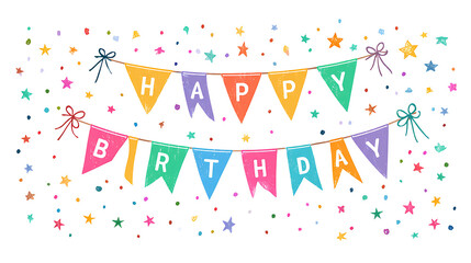 Festive colorful pennant banner with happy birthday message and confetti image