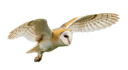 Isolated barn owl in flight, wings spread, bird of prey gliding mid-air, nocturnal hunter