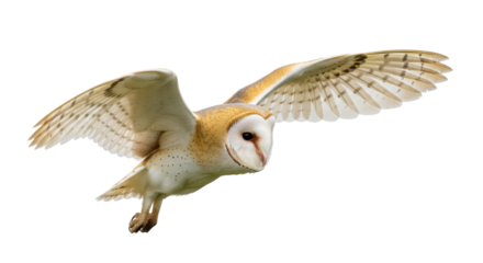 Isolated barn owl in flight, wings spread, bird of prey gliding mid-air, nocturnal hunter