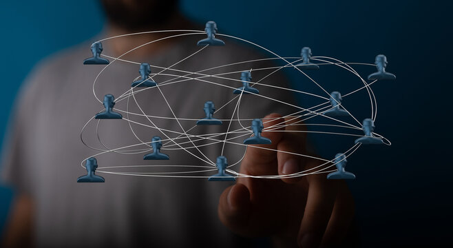 Conceptual image of hand interacting with a digital network representing connections, communication, technology, and global business.