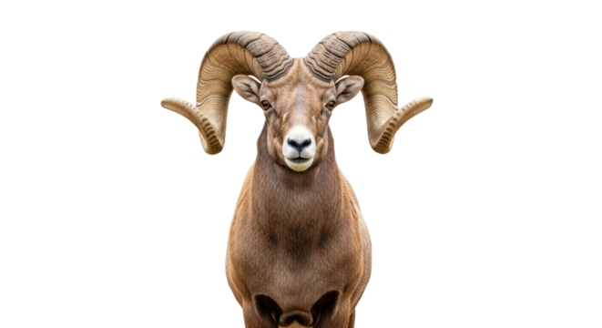 Isolated bighorn sheep portrait with its impressive horns looking forward for design