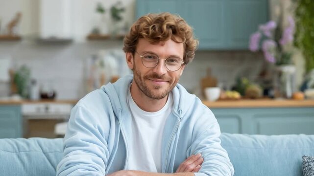 A friendly young adult male with curly hair, a neatly trimmed beard, and round stylish glasses smiles warmly and confidently directly at the camera. He is casually dressed in a light blue zipped hoodi