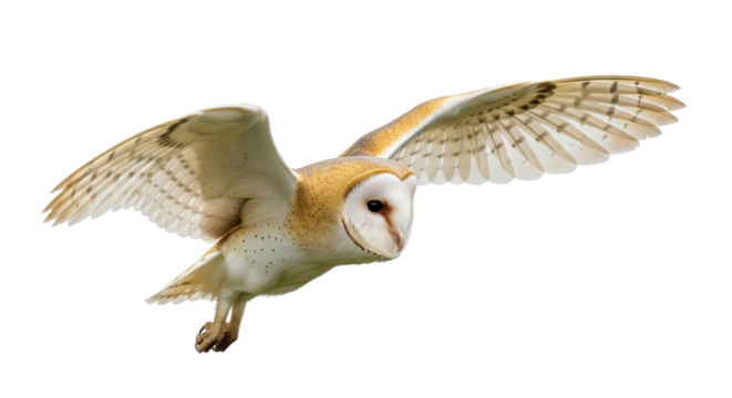 Isolated barn owl in flight, wings spread, bird of prey gliding mid-air, nocturnal hunter