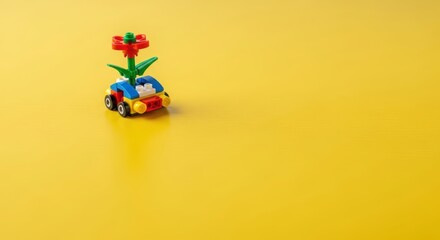 Whimsical toy car blooms with vibrant flower, sparking creativity on bright yellow background
