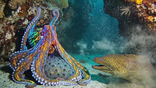 Octopus with vibrant colors protecting its iridescent eggs from a lurking moray eel in an underwater cave, showcasing marine life defense and new life