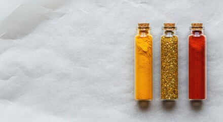 Vibrant spices in glass vials offer colorful culinary inspiration and healthy ingredient choices.