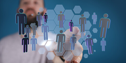 Abstract network and people connection concept. Human hand touches a digital network interface, people icons re