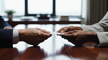 Business professional offering a white business card to another person across a conference table, illustrating networking, client acquisition, and forming business connections in an office setting