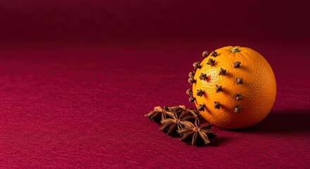Warm festive spices, orange studded with cloves, and star anise on textured red background