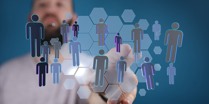 Abstract network and people connection concept. Human hand touches a digital network interface, people icons re