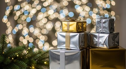Gleaming holiday gifts sparkle with festive bokeh lights and evergreen branches