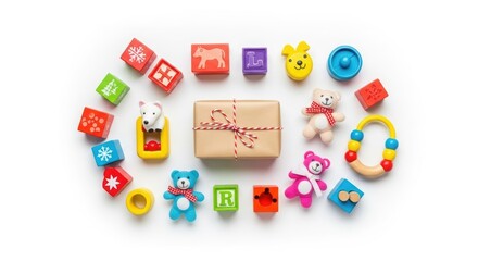 Joyful collection of colorful baby toys and a festive gift box arranged playfully