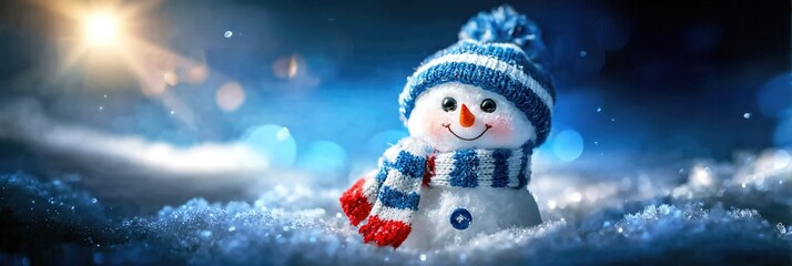 Cute snowman in winter scarf and hat on snowy background with warm holiday lights