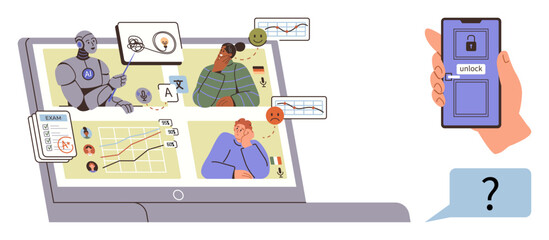 Laptop screen with AI teaching, human reactions, charts, and a smartphone with security lock. Ideal for education, AI tools, security, digital learning, analytics innovation simple flat metaphor
