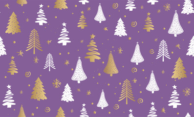 Christmas tree pattern on purple background, Hand drawn illustrations.	