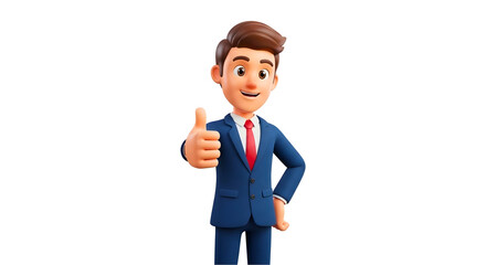 Cartoon Man in Suit Giving Thumbs Up Gesture Wearing Red Tie with Brown Hair PNG Illustration