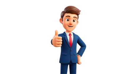 Cartoon Man in Suit Giving Thumbs Up Gesture Wearing Red Tie with Brown Hair PNG Illustration