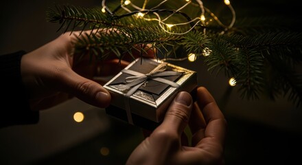 Excited hands place a festive gift under the Christmas tree with warm glowing lights
