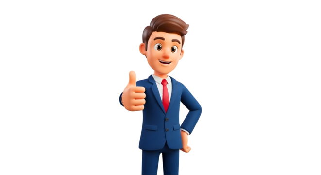 Cartoon Man in Suit Giving Thumbs Up Gesture Wearing Red Tie with Brown Hair PNG Illustration