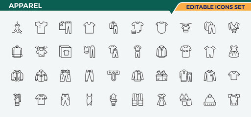 Apparel line icon set. Contains such symbols as cloth, garment, fashion, textile, clothes and more. Clothing icon set. Outline icons collection. Editable stroke.