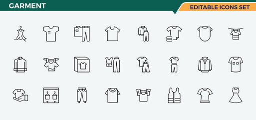 Set of Garment line icon. Pack of dress, shirt, clothing, textile, fashion, apparel. Clothing icon pack. Thin web icons. Editable vector stroke.
