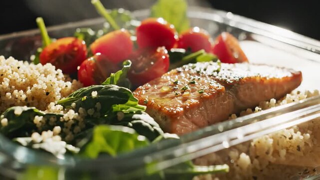 Hand placing a lid on a glass food container filled with cooked salmon, quinoa, spinach, and cherry tomatoes, representing healthy eating, diet, and lunch in an organized way