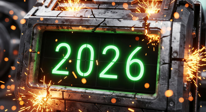 Futuristic 2026 Countdown Timer Industrial Design with Welding Sparks