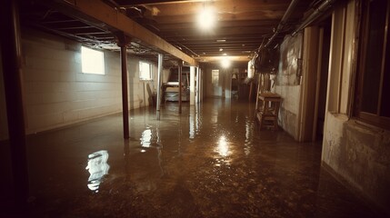 Flooded basement with standing water and exposed beams, highlighting cleanup challenges.