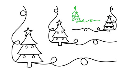 vector illustration of christmas tree, hand drawn christmas tree, christmas tree one line art vector, single line, ilustration white background