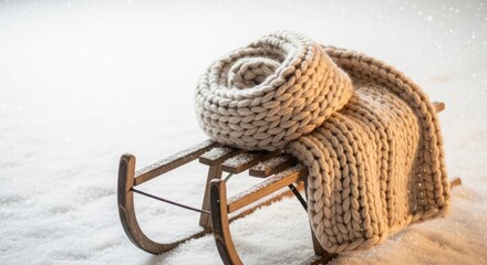 Cozy knitted scarf rests on a wooden sled in soft falling snow