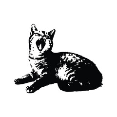 Black and white illustration of a yawning cat, retro vintage vector art