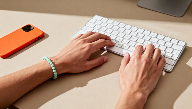 Hands typing on a modern wireless keyboard at an office desk. Close-up of a person working on a computer. Business, technology, and remote work concept