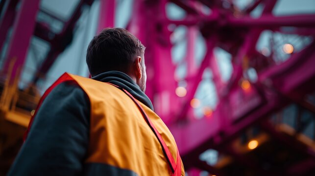 Worker observes machinery at industrial site during twilight hours