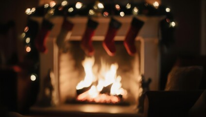 Blurred festive fireplace scene with stockings, lights, and flickering firelight