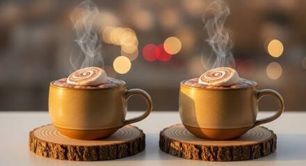 Cozy steaming hot chocolate mugs with marshmallows, perfect for winter comfort and relaxation