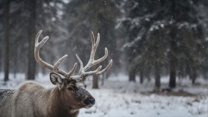 A majestic elk with large antlers stands in a snowy forest during a snowfall
