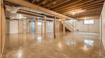 Flooded basement with standing water and exposed beams, highlighting cleanup challenges.