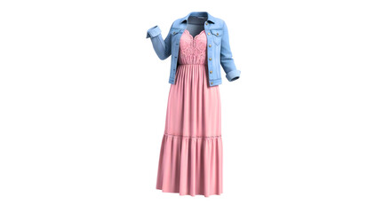 Light Blue Denim Jacket Over Long Pink Dress with Lace Details Fashion Outfit PNG Illustration