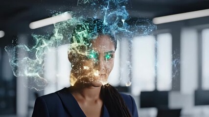 Business professional wearing a suit looking up, interacting with advanced augmented reality interface showing a futuristic hologram stream of data and information in a modern office setup - Powered by Adobe