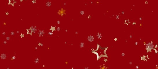 Abstract background featuring floating gold stars and snowflakes over a deep red backdrop. Perfect for Christmas, New Year, winter th