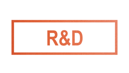 R&D. stamp with rough texture, rectangular frame.