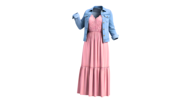 Light Blue Denim Jacket Over Long Pink Dress with Lace Details Fashion Outfit PNG Illustration - Powered by Adobe
