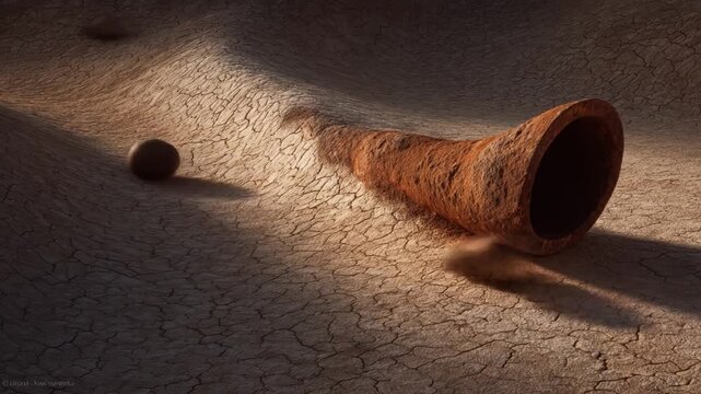 Surreal, arid scene featuring a terracotta horn on cracked earth with pebbles and dramatic lighting